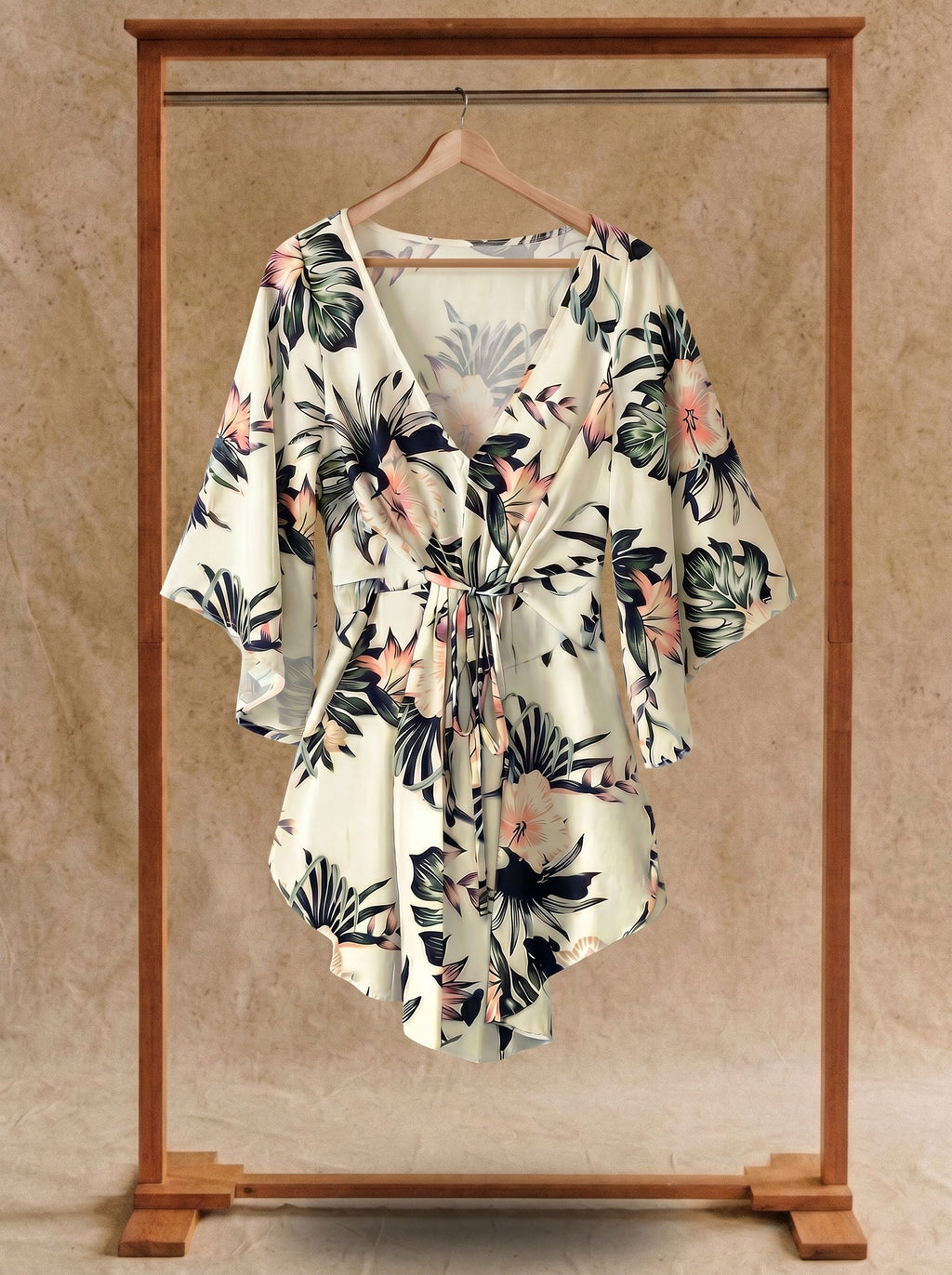 Genevieve Flutter Sleeve Mini Dress in Ivory Tropics