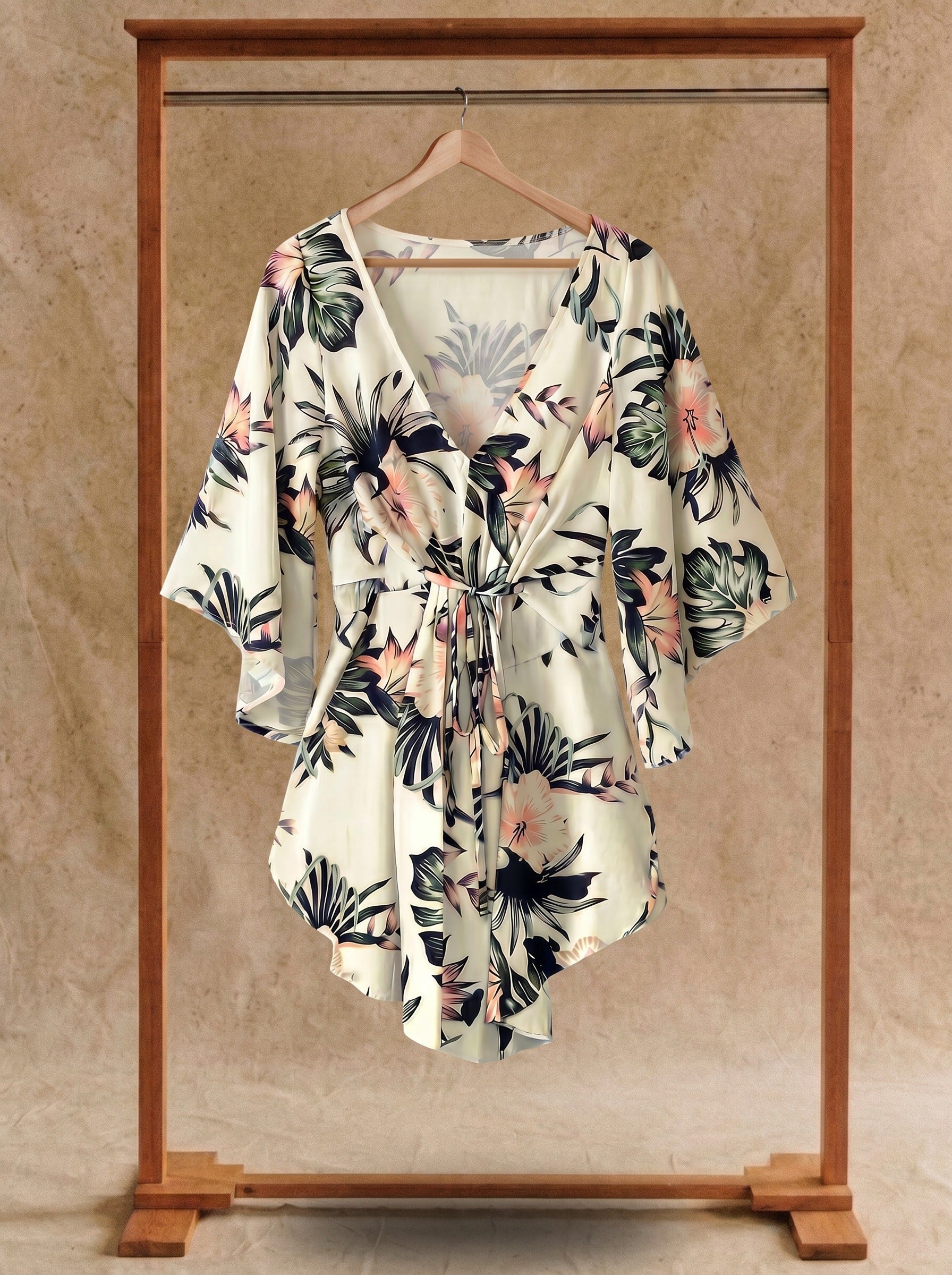 Genevieve Flutter Sleeve Mini Dress in Ivory Tropics
