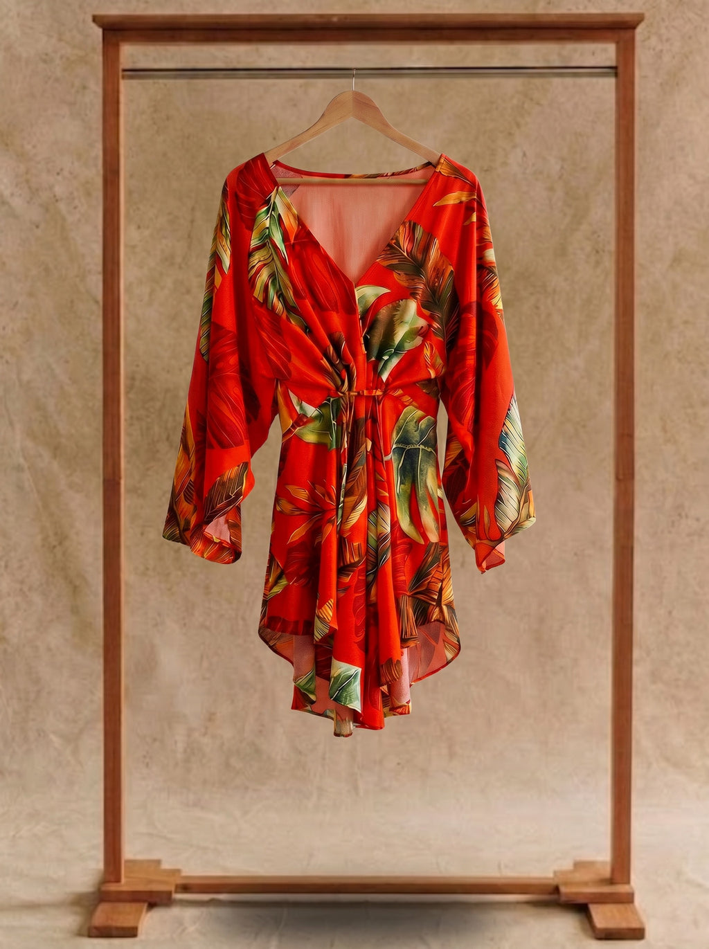 Genevieve Flutter Sleeve Mini Dress in Sunset Palm