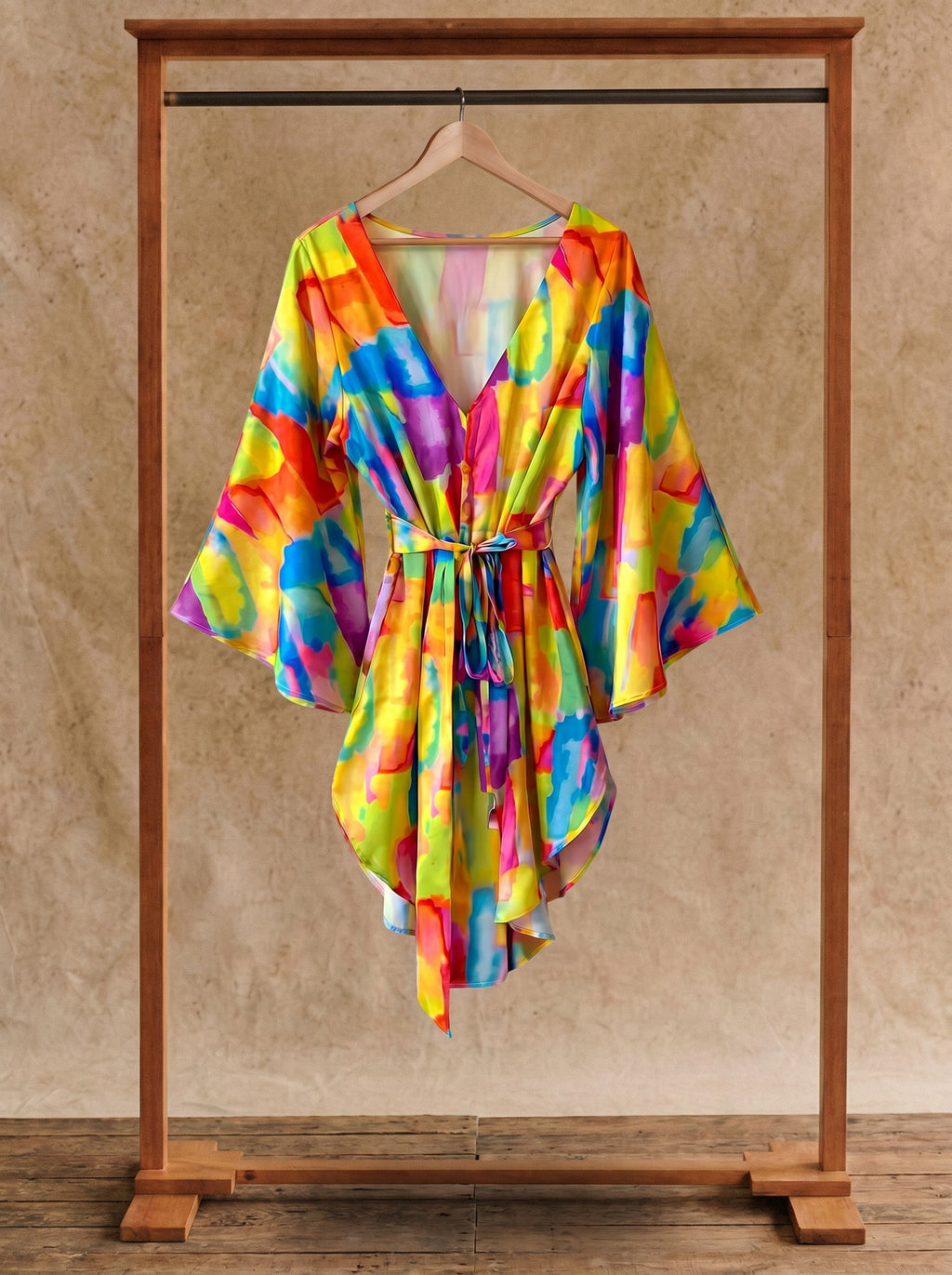 Genevieve Flutter Sleeve Mini Dress in Watercolor Carnival