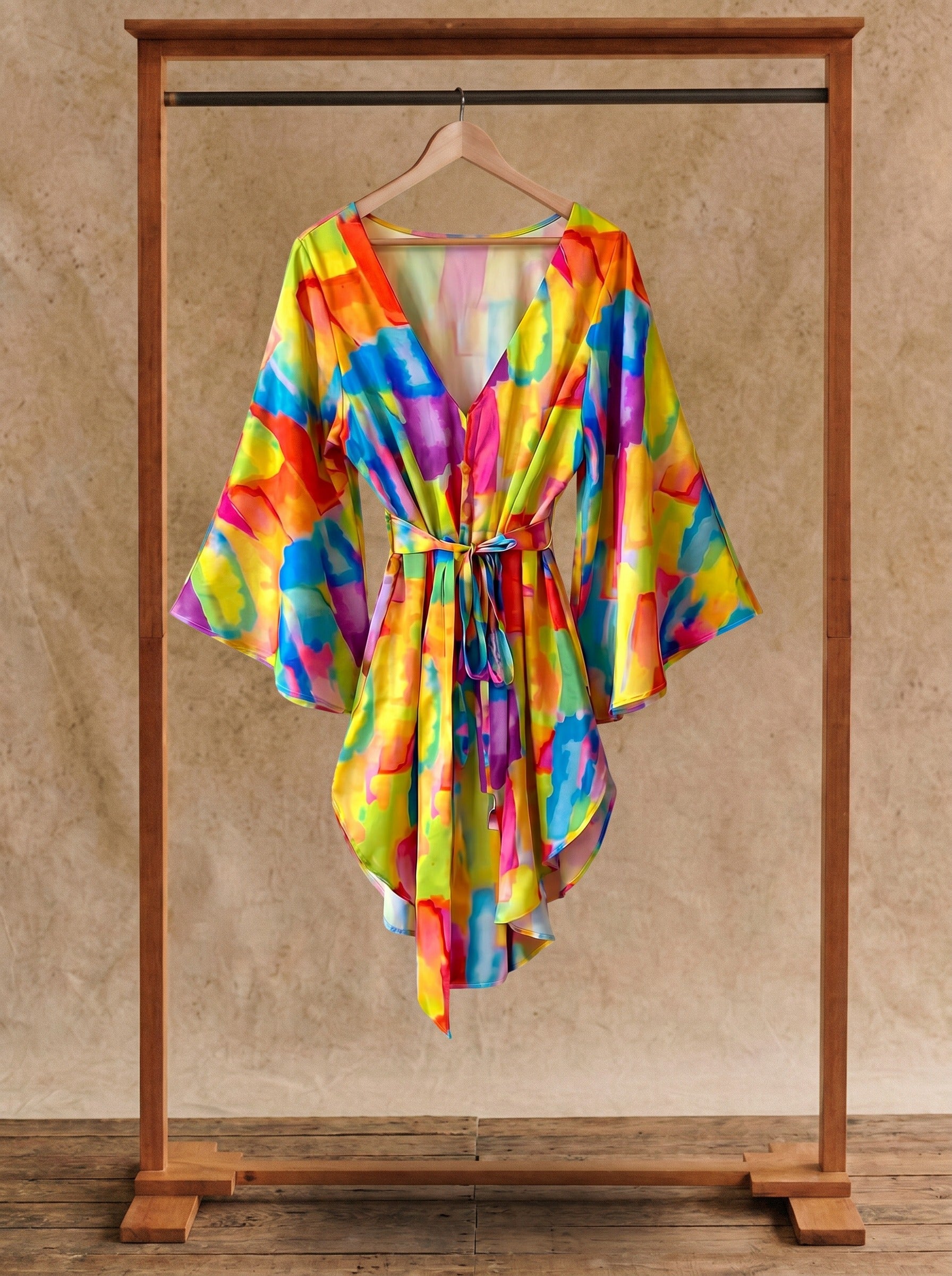 Genevieve Flutter Sleeve Mini Dress in Watercolor Carnival