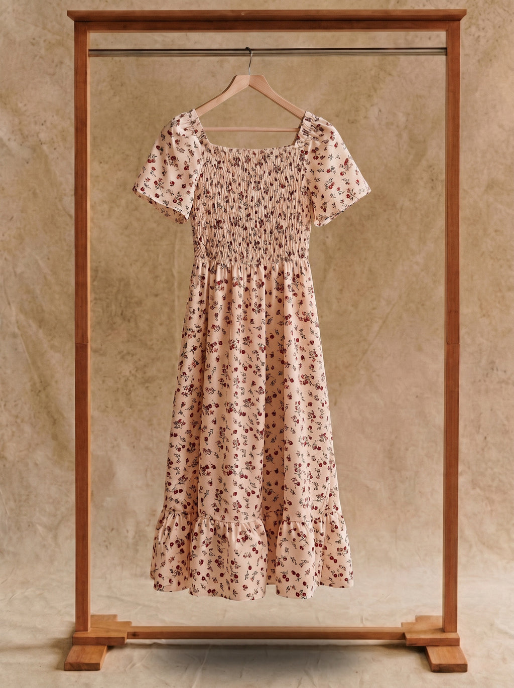 Beatrix Smocked Puff Sleeve Midi Dress in Vintage Rosebud Florals