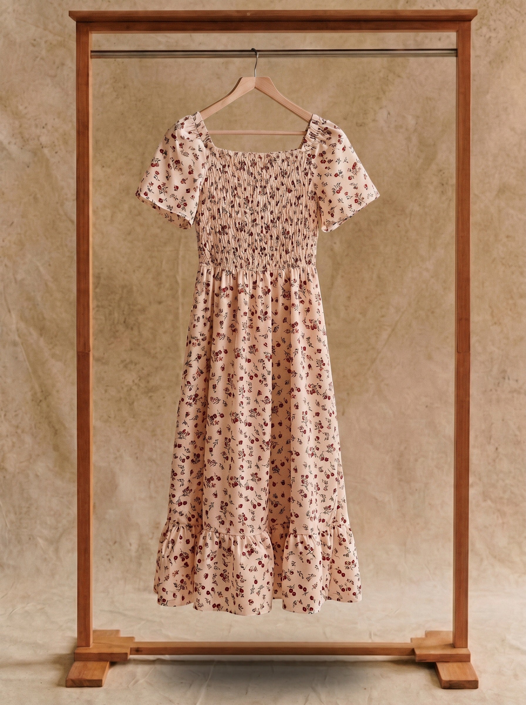 Beatrix Smocked Puff Sleeve Midi Dress in Vintage Rosebud Florals