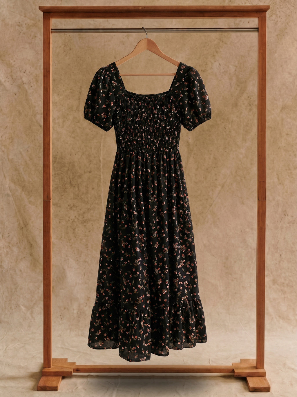 Beatrix Smocked Puff Sleeve Midi Dress in Vintage Rosebud Florals