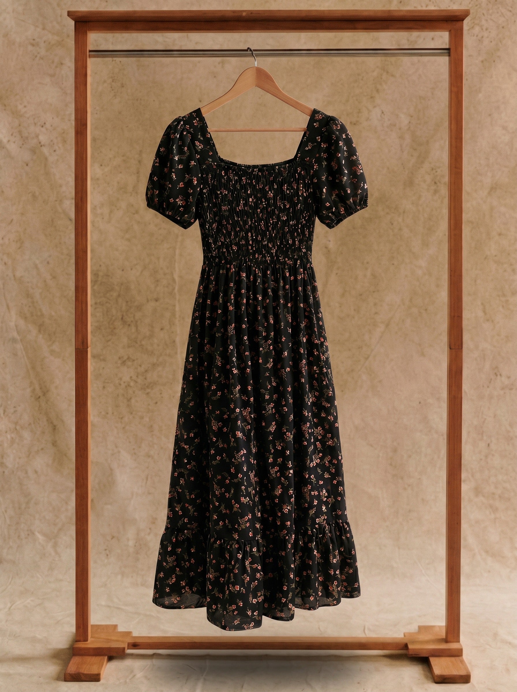 Beatrix Smocked Puff Sleeve Midi Dress in Vintage Rosebud Florals