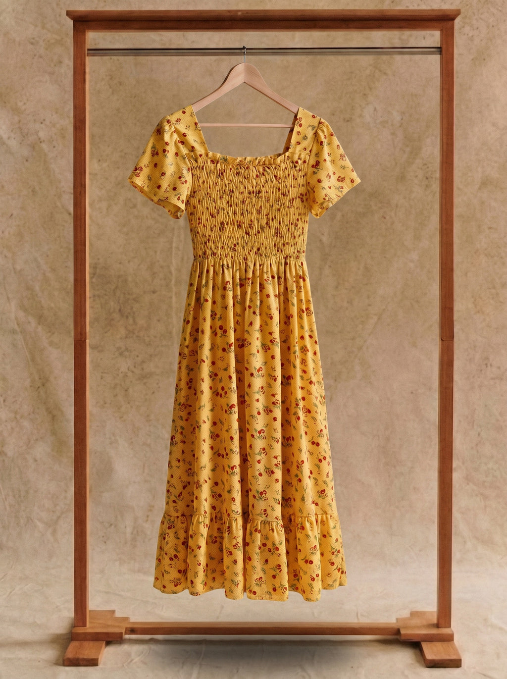 Beatrix Smocked Puff Sleeve Midi Dress in Vintage Rosebud Florals