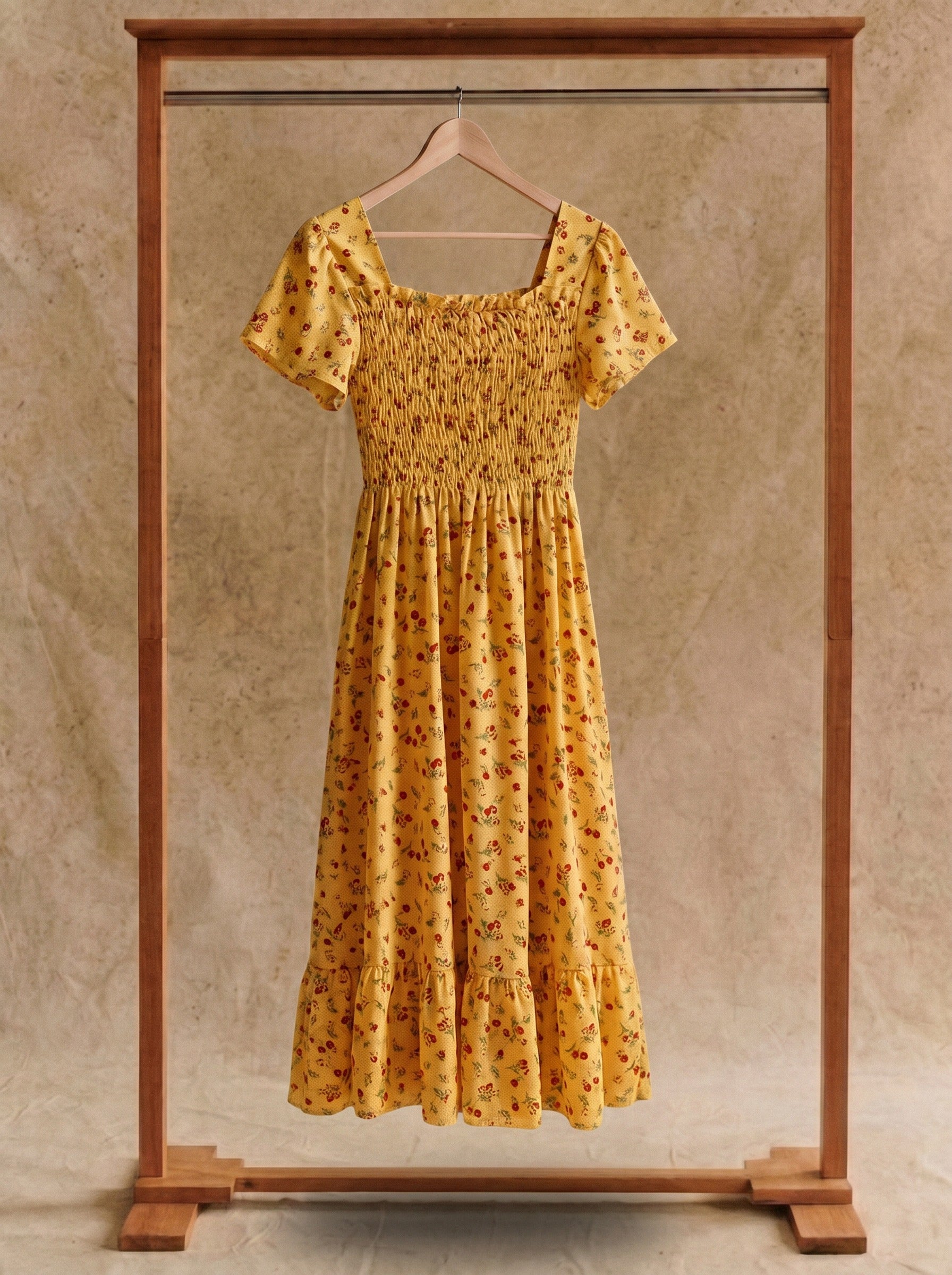 Beatrix Smocked Puff Sleeve Midi Dress in Vintage Rosebud Florals
