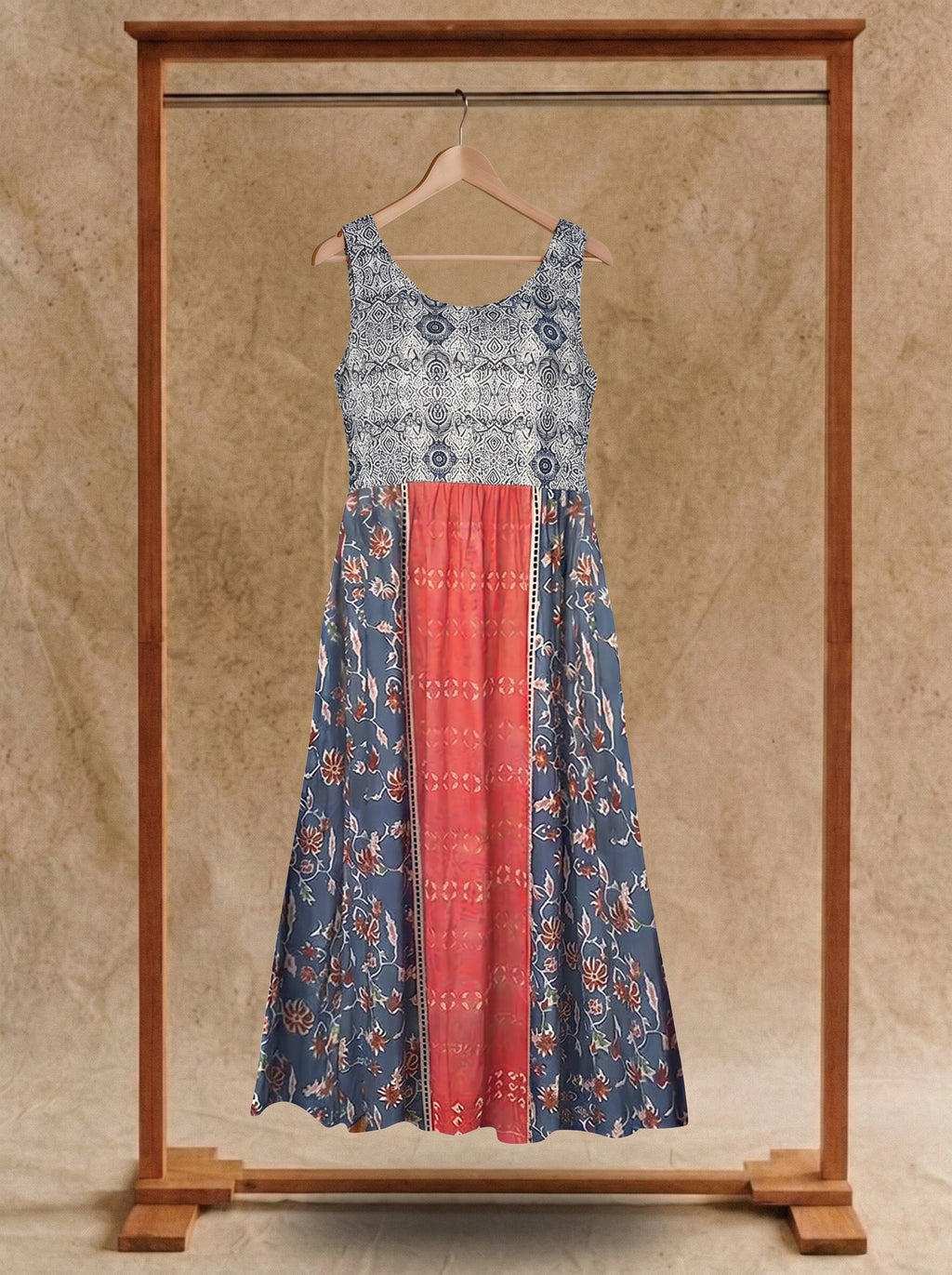 Lorelei Sleeveless Midi Dress in Coral Patchwork