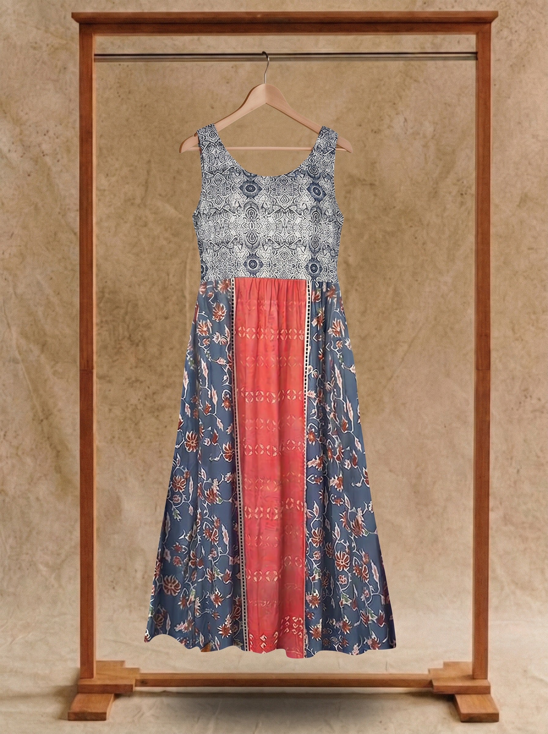 Lorelei Sleeveless Midi Dress in Coral Patchwork