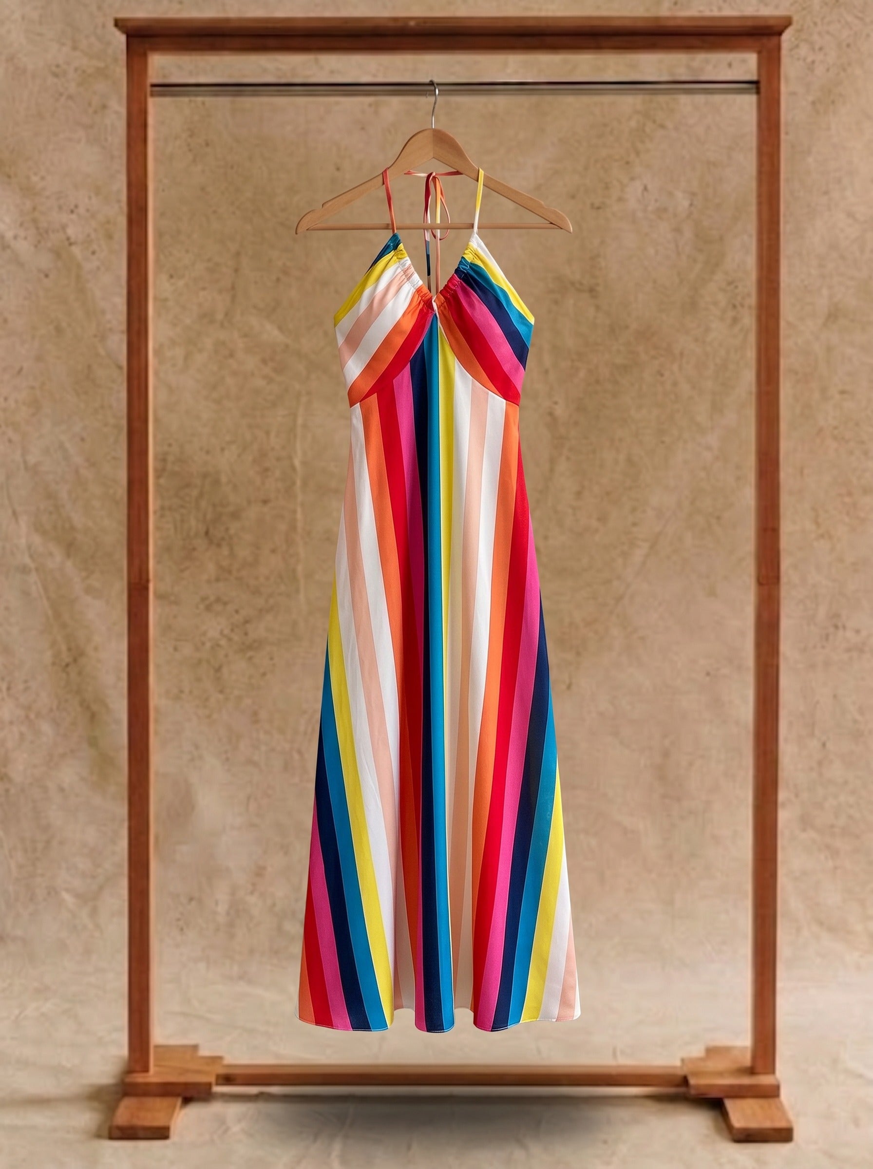 Odette Halter Maxi Dress in Rainbow Ribbon Stripes