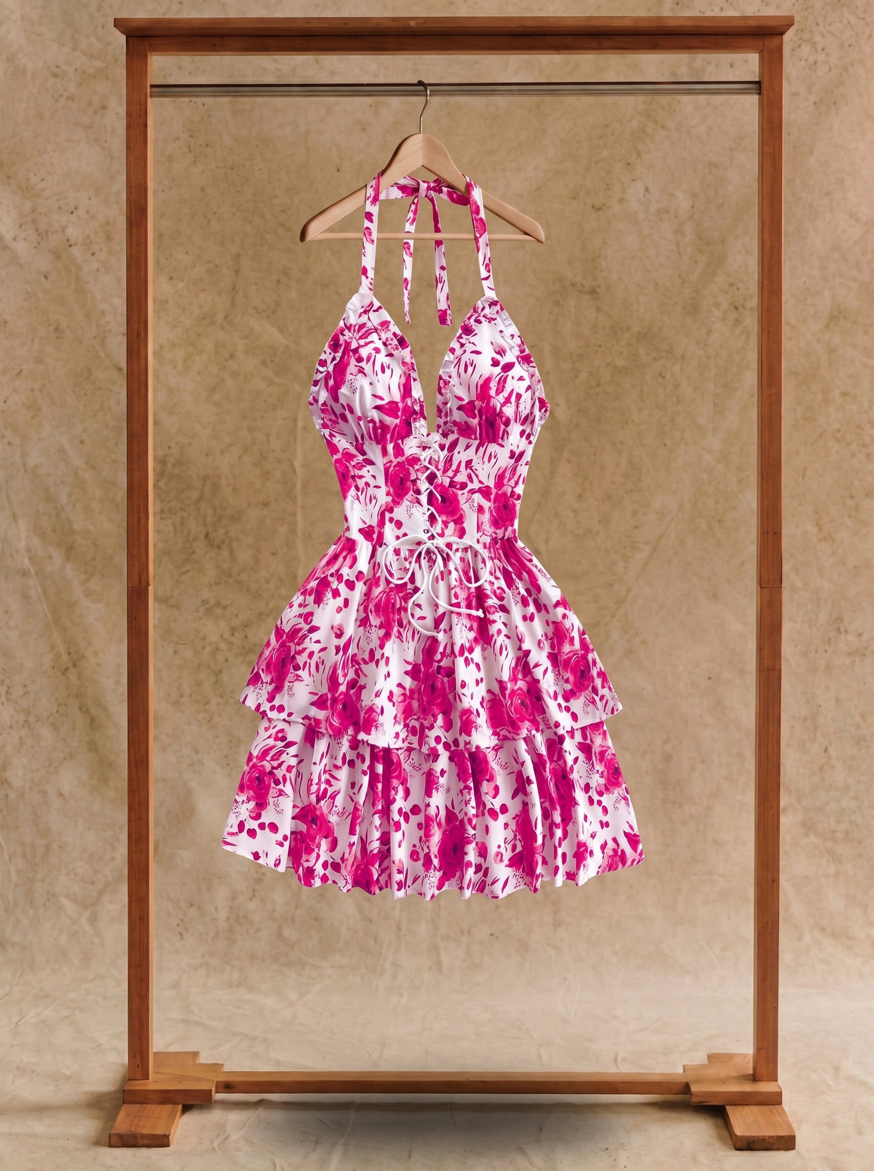 Penelope Halter Mini Dress in Watercolor Roses