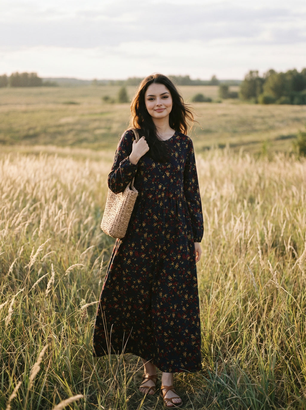 Sylvie Gathered Maxi Dress in Prairie Berry Sprigs