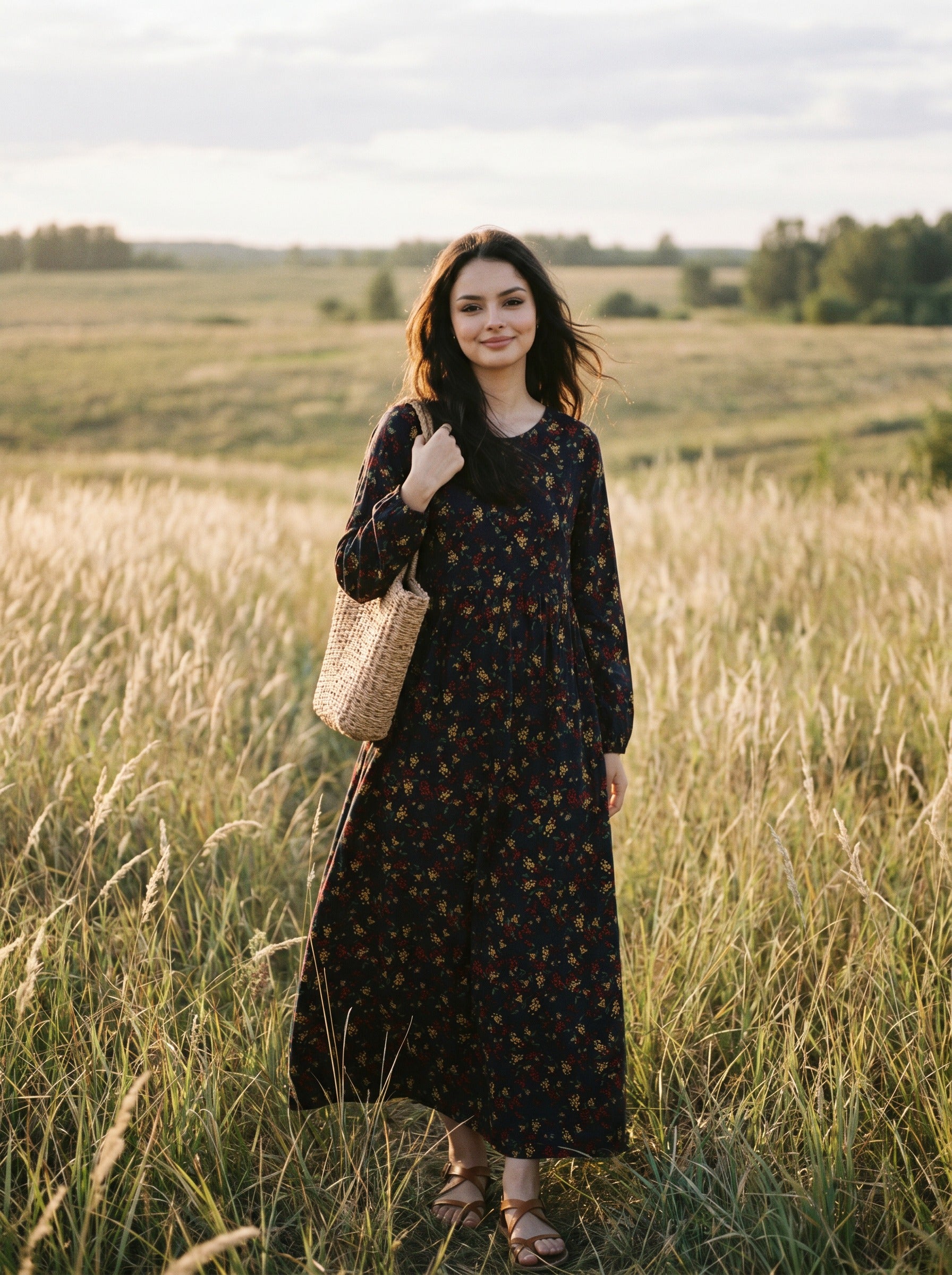 Sylvie Gathered Maxi Dress in Prairie Berry Sprigs