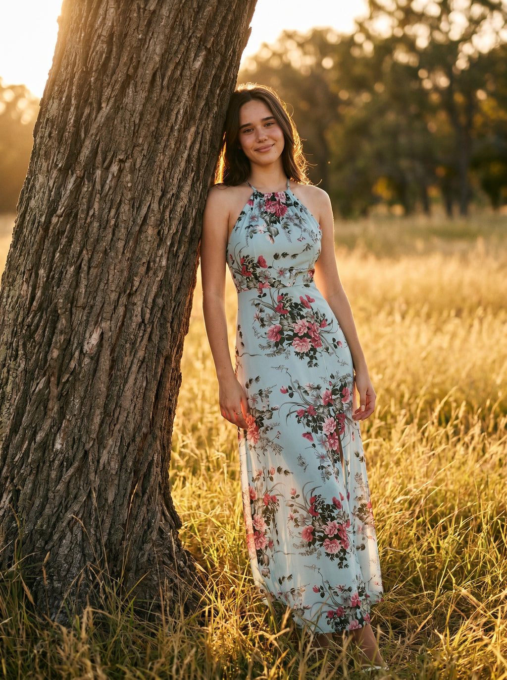 Cosima Halter Maxi Dress in Seaglass Rose