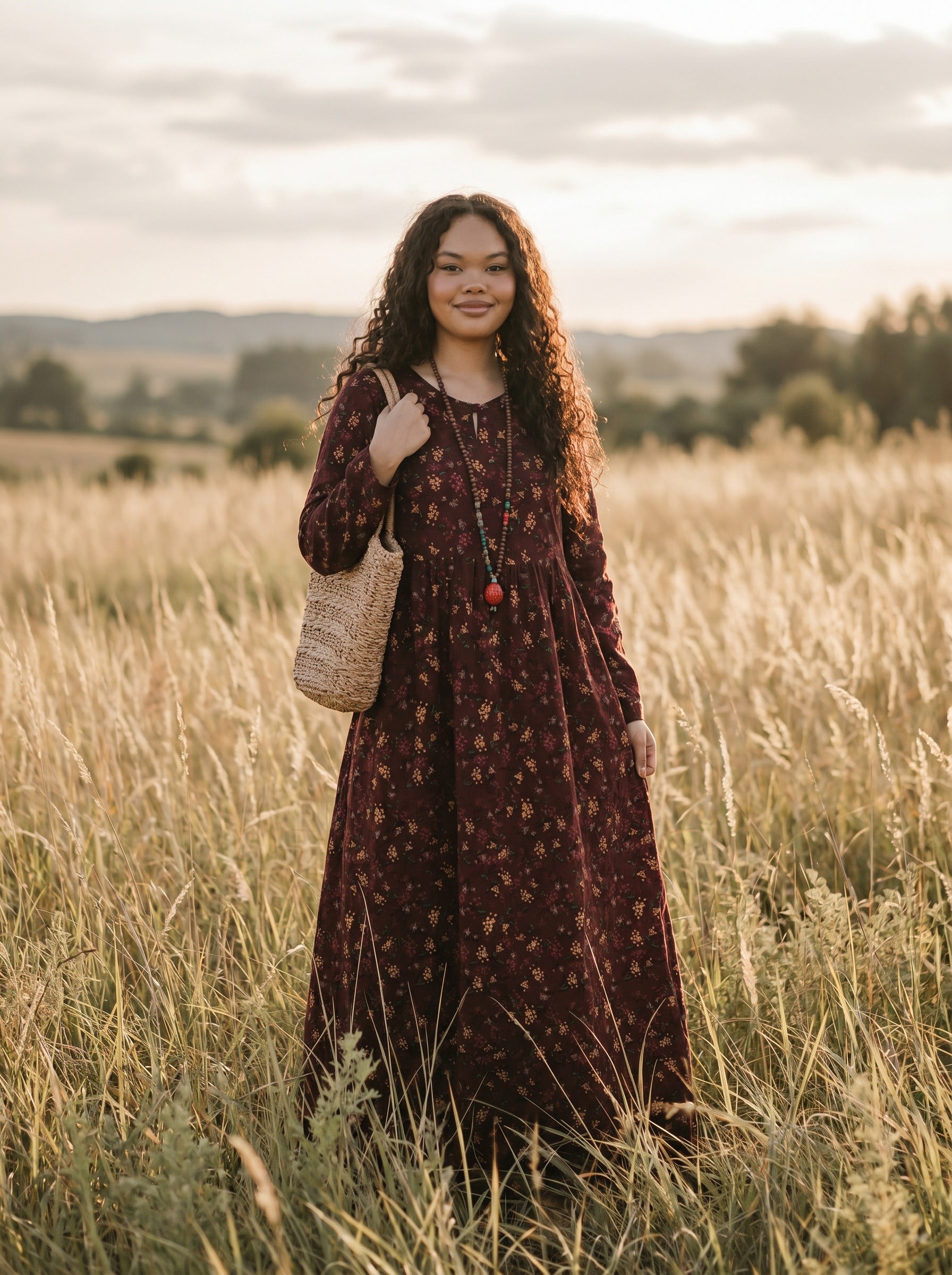 Sylvie Gathered Maxi Dress in Prairie Berry Sprigs